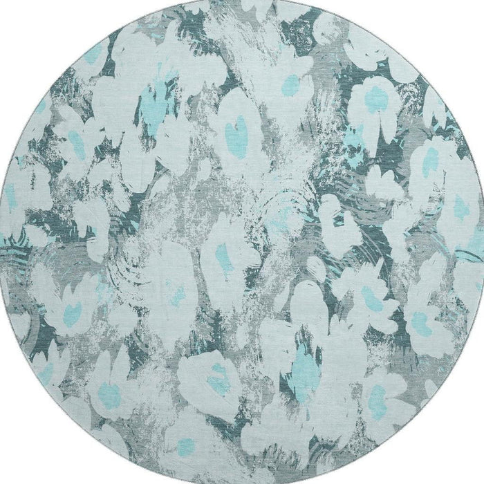 8' Floral Washable Round Rug With UV Protection (648175) - Teal / Gray / Ivory