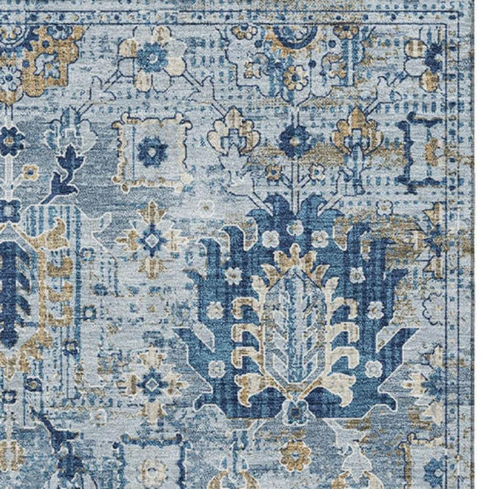 10' X 14' Oriental Washable Area Rug With UV Protection (710526) - Denim Blue / Gold
