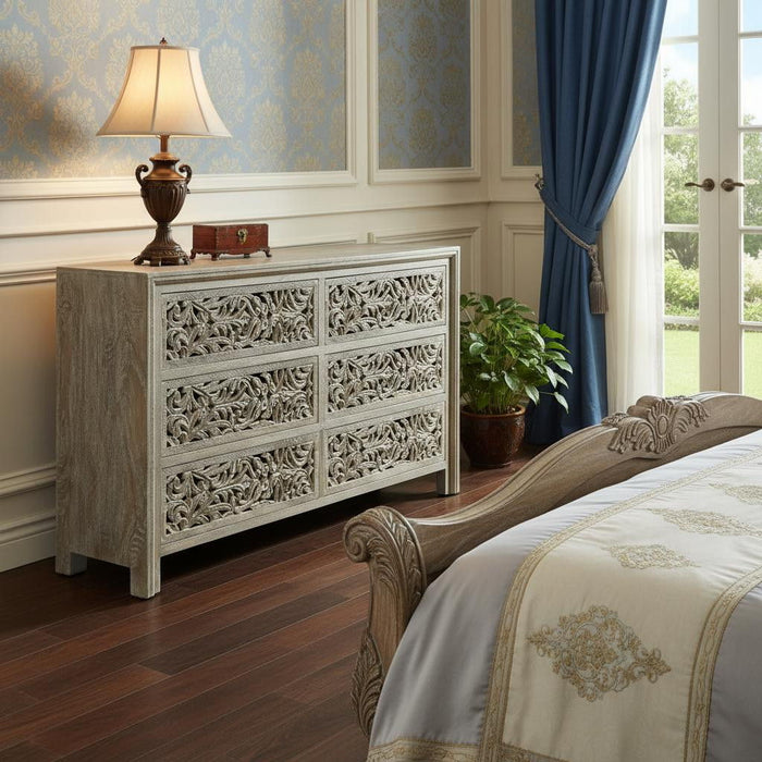 57" Solid Wood Six Drawer Dresser - Gray