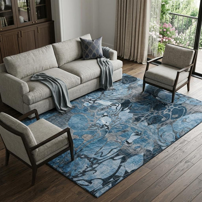 9' X 12' Abstract Distressed Washable Area Rug With UV Protection (648969) - Blue / Ivory / Gray