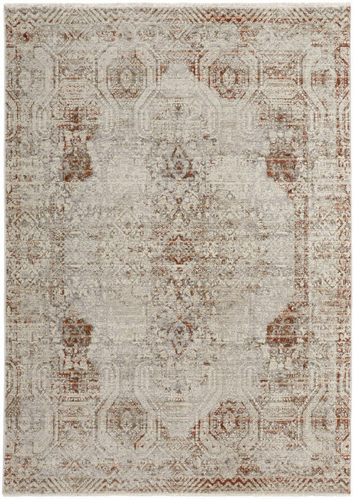 8' x 10' Floral Power Loom Distressed Area Rug With Fringe - Tan Ivory And Orange