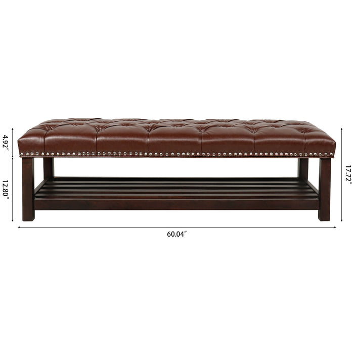 Giga tufted upholstered bedroom end of bed bench with nailhead trim, shelf, and shoe rack, ideal for living room or bedroom decor.