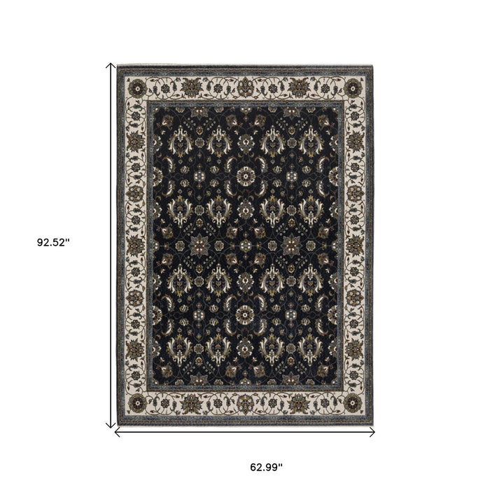 5' X 8' Oriental Area Rug With Fringe - Blue And Ivory