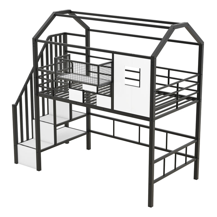 Giga metal loft bed with roof design, storage box, guardrails, and integrated ladder, perfect for space-saving bedroom decor.