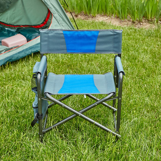 Giga padded folding outdoor arm chair with storage pockets, lightweight oversized director's chair for camping, picnics, and fishing.