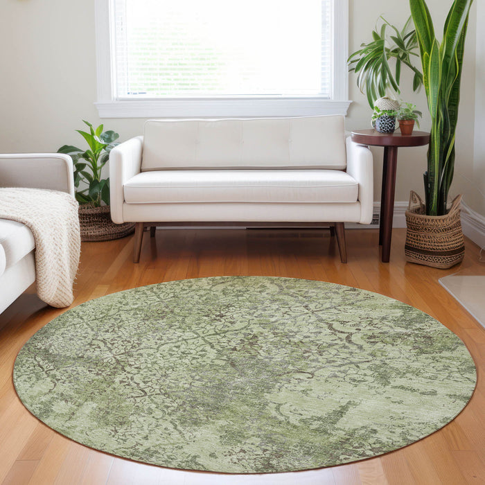 8' Abstract Washable Round Rug With UV Protection - Artichoke Green And Taupe