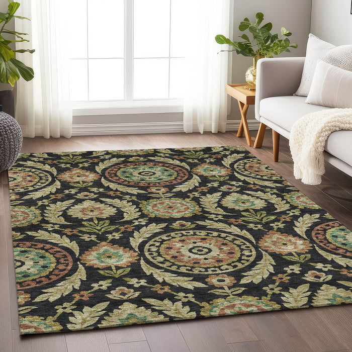 8' X 10' Copper Floral Washable Area Rug With UV Protection - Black