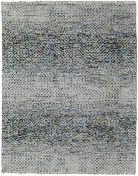 6' x 9' Wool Hand Knotted Area Rug With Fringe - Ivory Blue And Brown