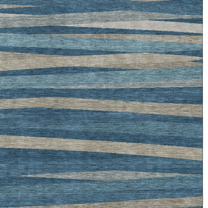 10' X 14' Striped Washable Area Rug With UV Protection (678484) - Denim Blue / Ivory / Beige