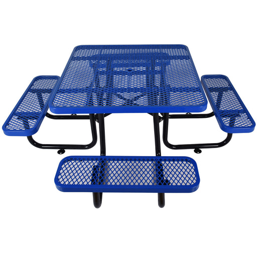 Square outdoor steel picnic table with umbrella pole, durable Giga dining table perfect for outdoor gatherings and dining.