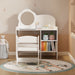 White kids vanity table with mirror, chair, and storage shelves, part of Giga's kids vanity sets for dressing and makeup.
