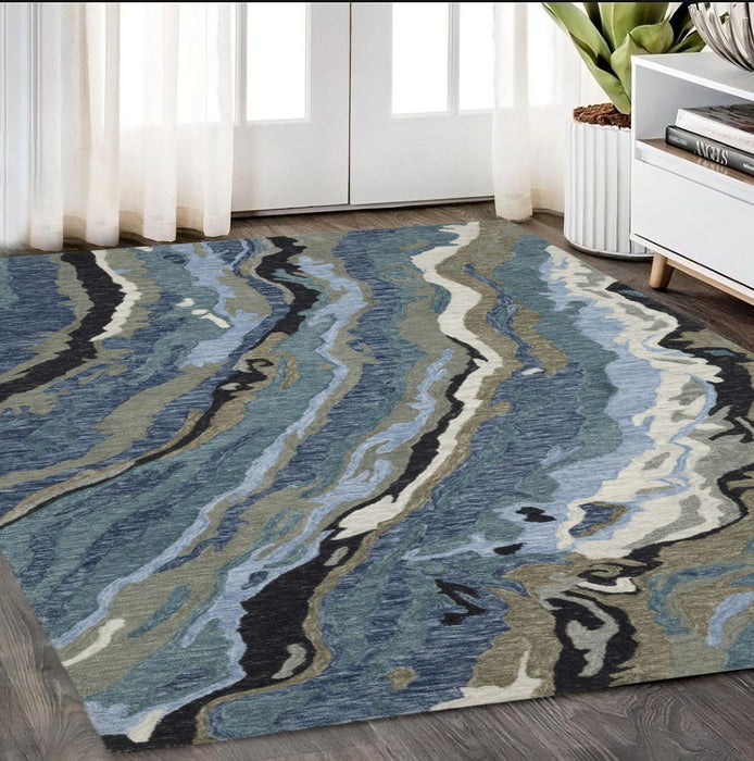 5' X 8' Wool Abstract Hand Tufted Area Rug - Blue And Teal