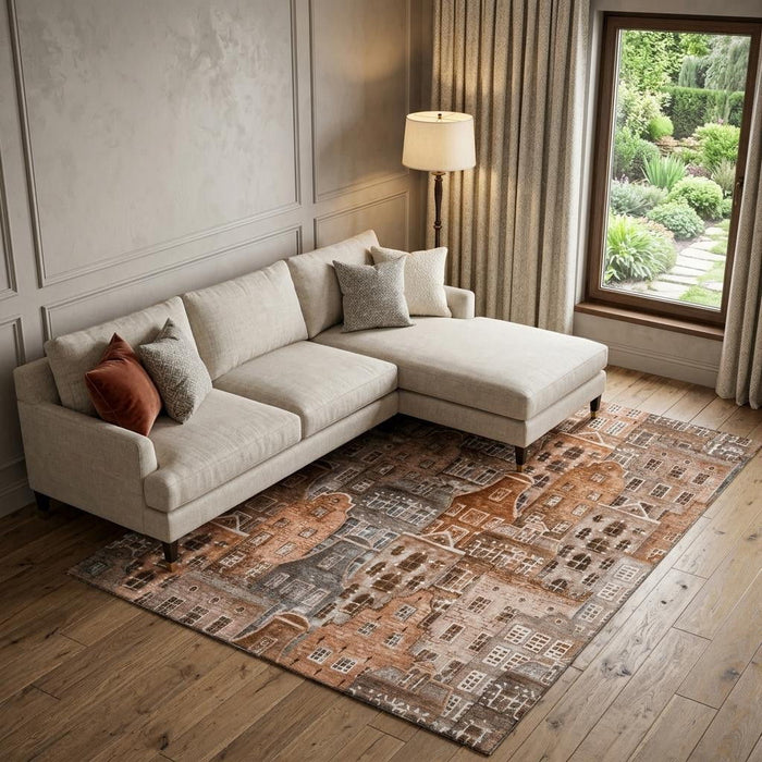 10' X 14' Abstract Geometric Washable Area Rug With UV Protection (650884) - Chili Red / Gray / Ivory