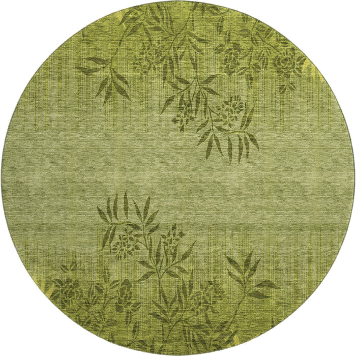 8' Floral Washable Round Rug With UV Protection (655659) - Olive Green / Gold