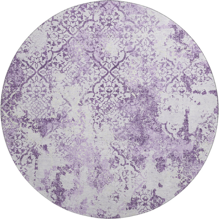 8' Abstract Washable Round Rug With UV Protection - Lavender And Ivory
