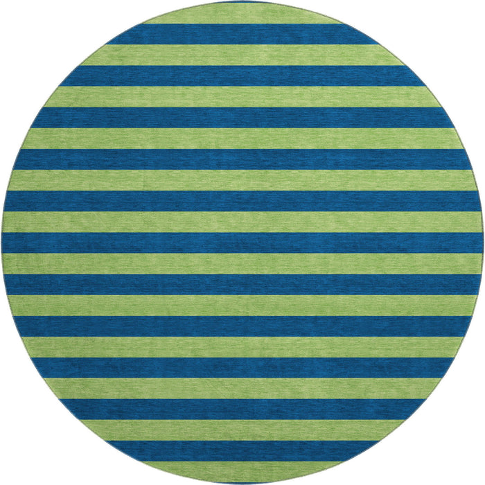 8' Striped Washable Round Rug With UV Protection (647755) - Navy Blue / Green