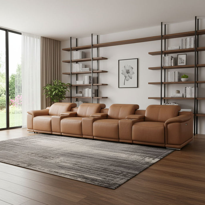 Italian Leather Reclining Metal USB Sofa (720417) - Chestnut