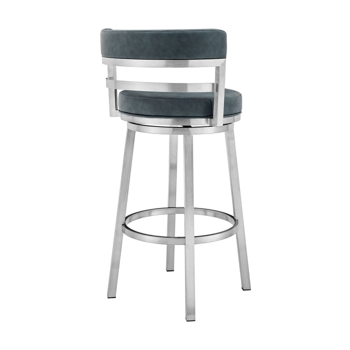 Faux Leather Swivel Low Back Bar Height Bar Chair - Blue / Silver