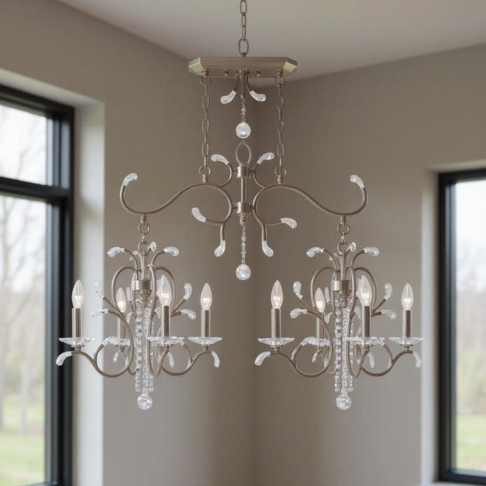 HomeRoots 29-inch eight-light metal chandelier with clear shades and nickel finish, dimmable lighting for elegant home decor.