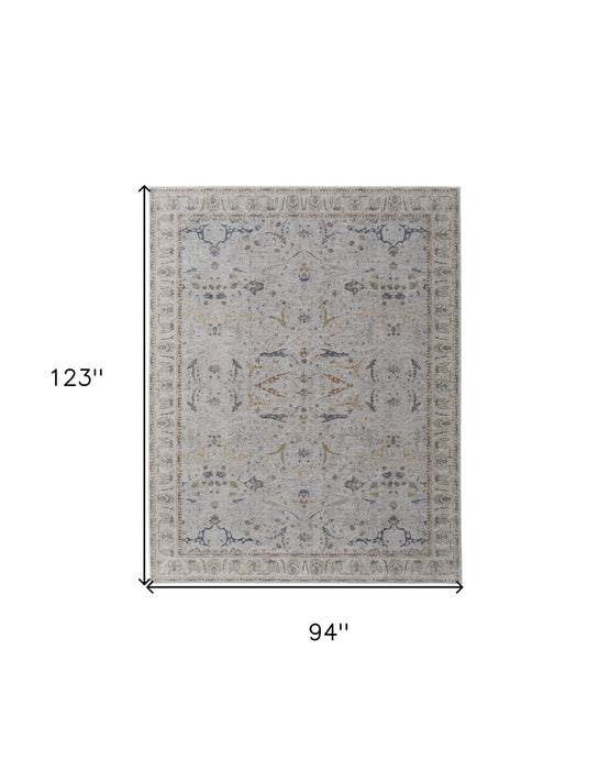 7.8' x 10.3' Ikat Power Loom Worn Faded Area Rug With Fringe - Gray Blue And Red