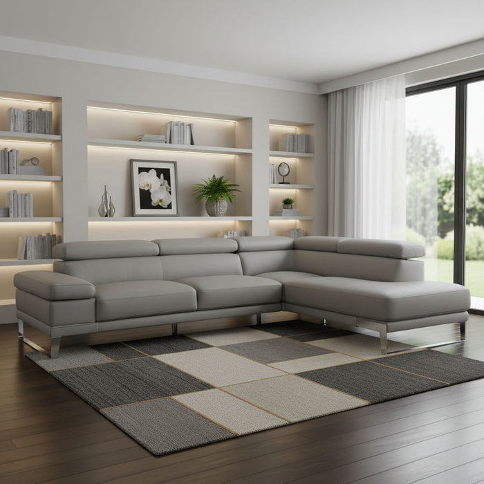 Top Grain Leather L Shaped Two Piece Sofa Chaise Sectional - Light Gray