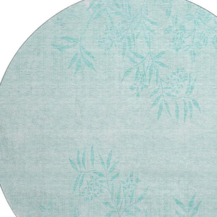 8' Floral Washable Round Rug With UV Protection (655677) - Teal / Ivory