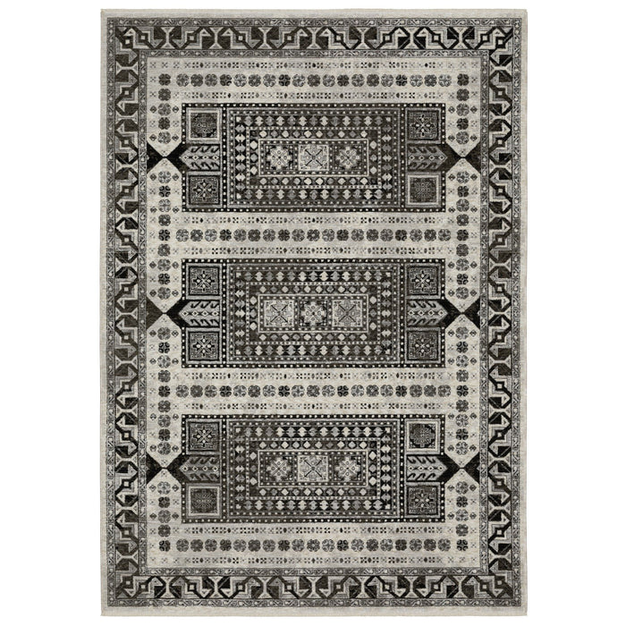 10' X 13' Oriental Area Rug With Fringe - Ivory And Charcoal