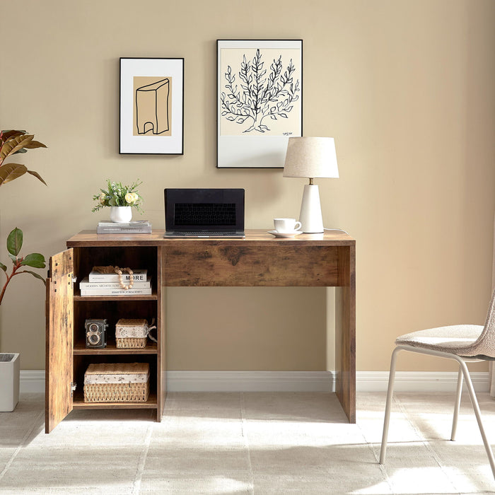 Giga distressed wood home office desk with one cabinet, three shelves, faux barn door, metal euro hinges, and modesty panel