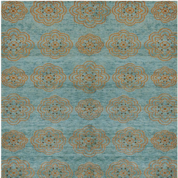 6' x 9' Floral Hand Knotted Worn Faded Area Rug - Green Blue And Taupe