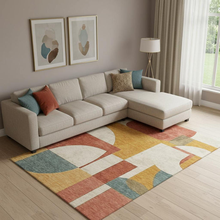 10' X 14' Abstract Geometric Washable Area Rug With UV Protection (697350) - Coral / Gold / Ivory