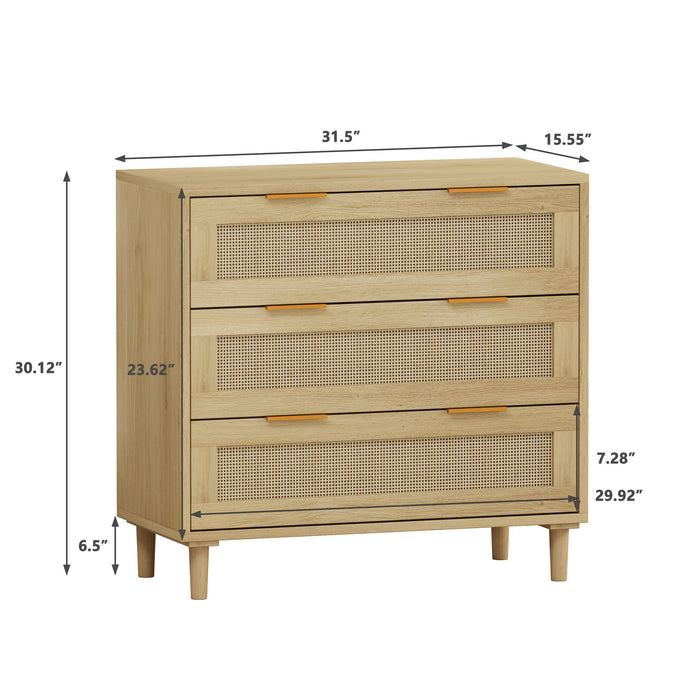 Set of two Giga oak rattan storage cabinets with three drawers each, suitable for bedrooms, living rooms, or hallways.