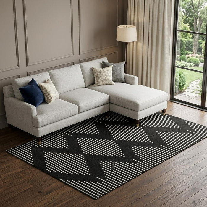10' X 14' Geometric Washable Area Rug With UV Protection (679696) - Black / Ivory