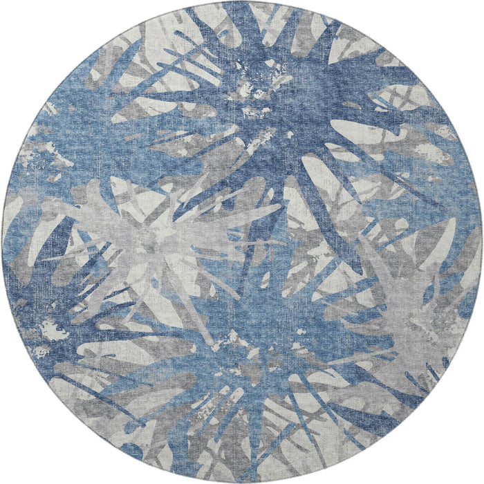 8' Abstract Washable Round Rug Polyester With UV Protection - Blue / Gray