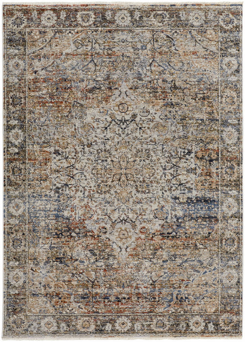10' x 13' Floral Power Loom Distressed Area Rug With Fringe - Tan Orange And Blue
