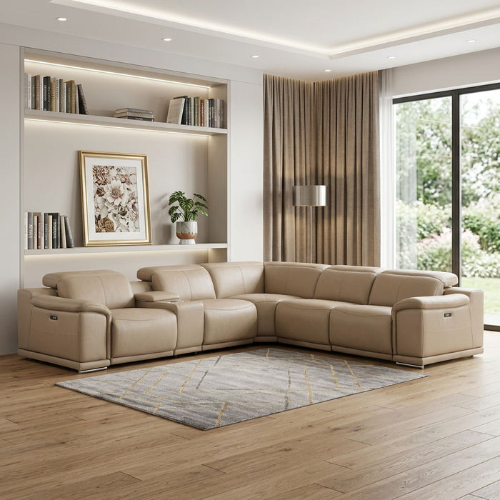 Leather Modular L Shaped 6 Piece Corner Sectional With Console - Beige