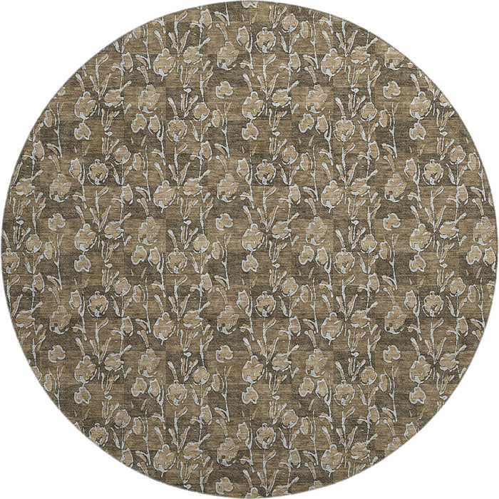 8' Floral Washable Round Rug With UV Protection (656433) - Brown / Ivory