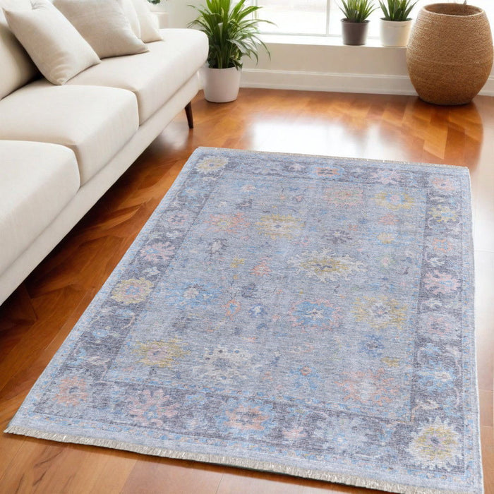 5' X 8' Floral Hand Woven Distressed Area Rug With Fringe - Orange