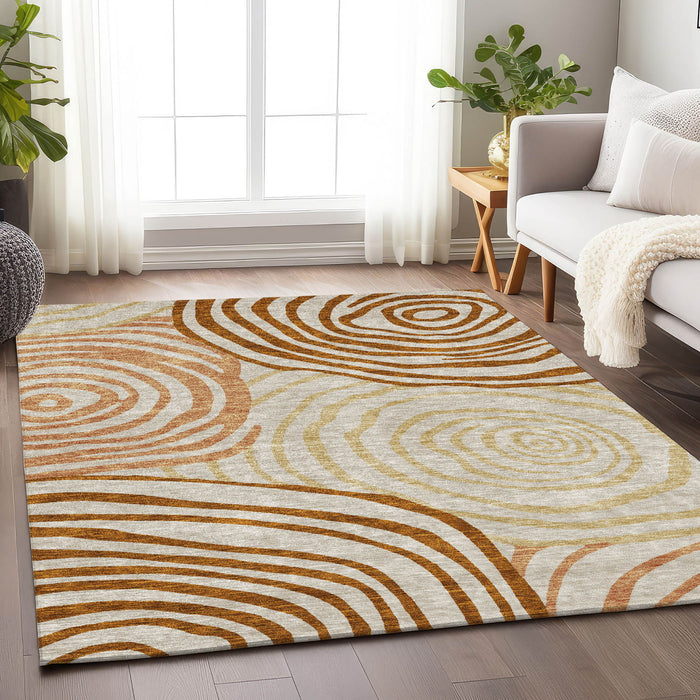 10' X 14' Abstract Washable Area Rug With UV Protection - Terra Cotta And Gold