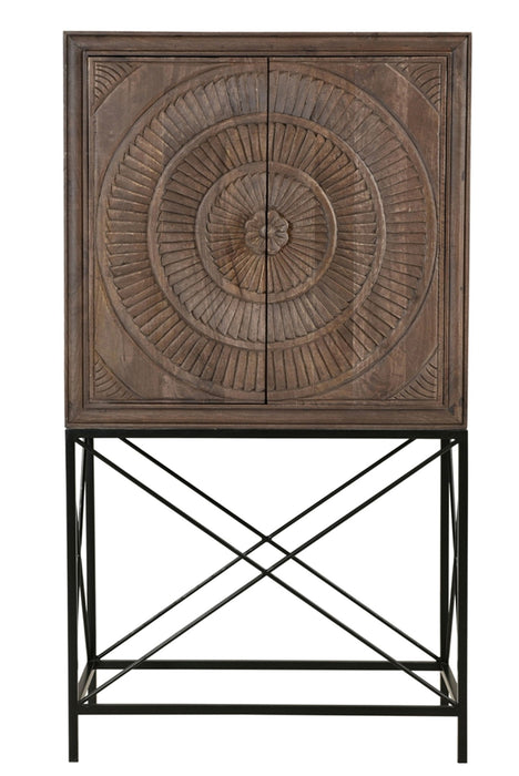 Solid Wood Two Door Carved Wine Cabinet - Brown