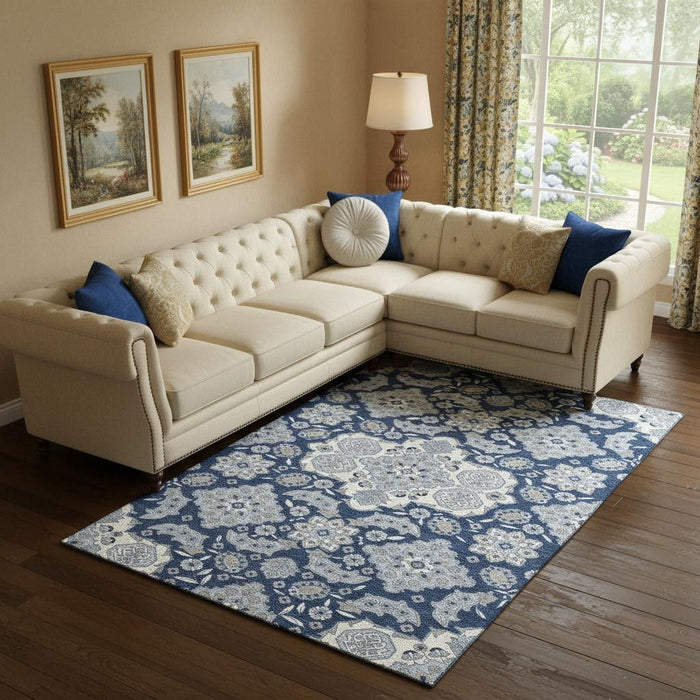 10' X 14' Floral Medallion Washable Area Rug With UV Protection (705827) - Blue / Ivory