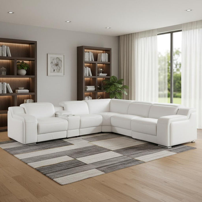 Italian Leather Power Reclining L Shaped Six Piece Corner Sectional With Console - White
