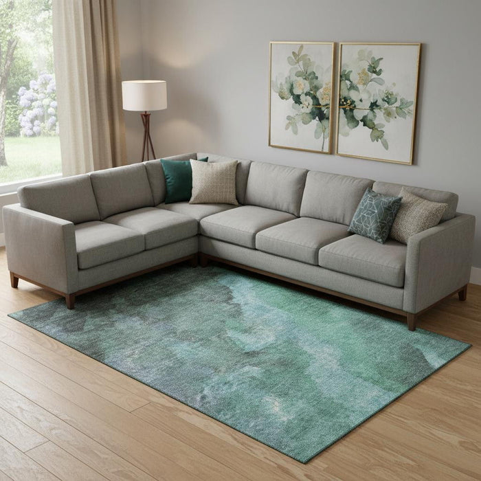 10' X 14' Abstract Washable Area Rug With UV Protection (710082) - Teal / Charcoal