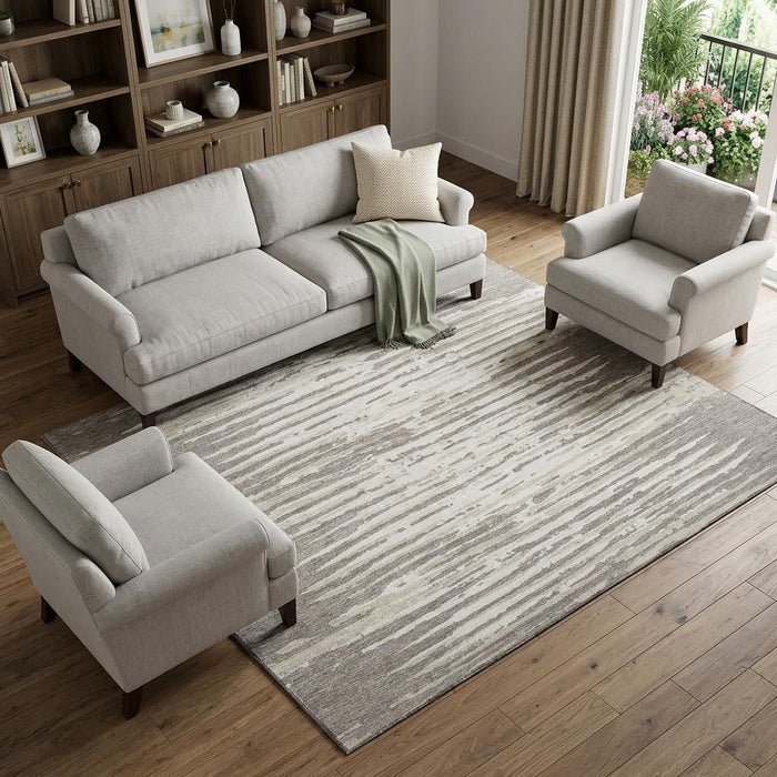 10' X 14' Striped Washable Area Rug With UV Protection (670597) - Taupe / Ivory