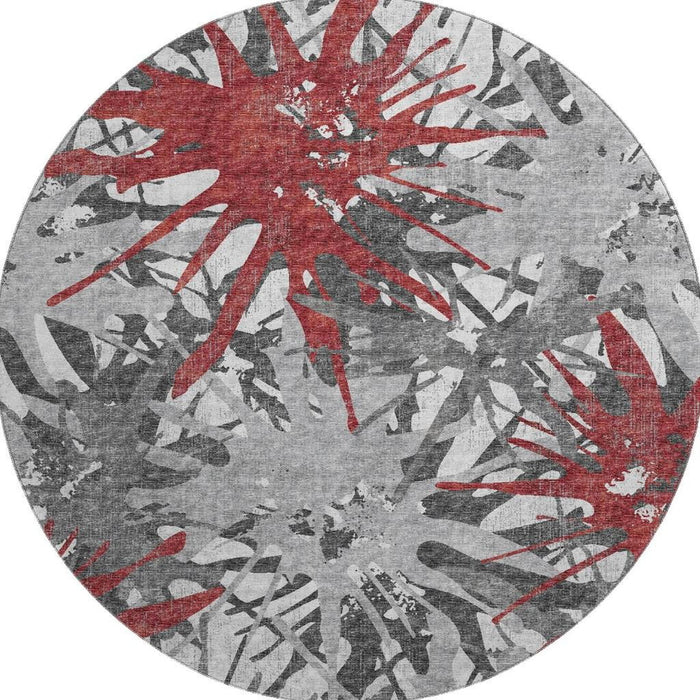 8' Abstract Washable Round Rug With UV Protection - Red