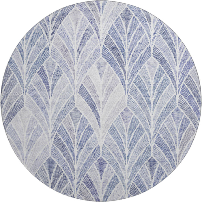 8' Geometric Washable Round Rug With UV Protection (667590) - Denim Blue / Ivory