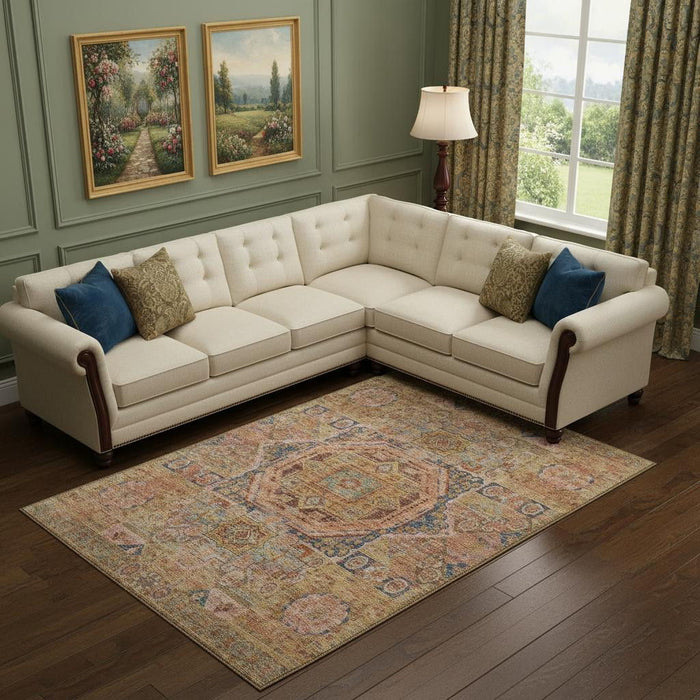 10' X 14' Oriental Washable Area Rug With UV Protection (699873) - Rust / Navy Blue