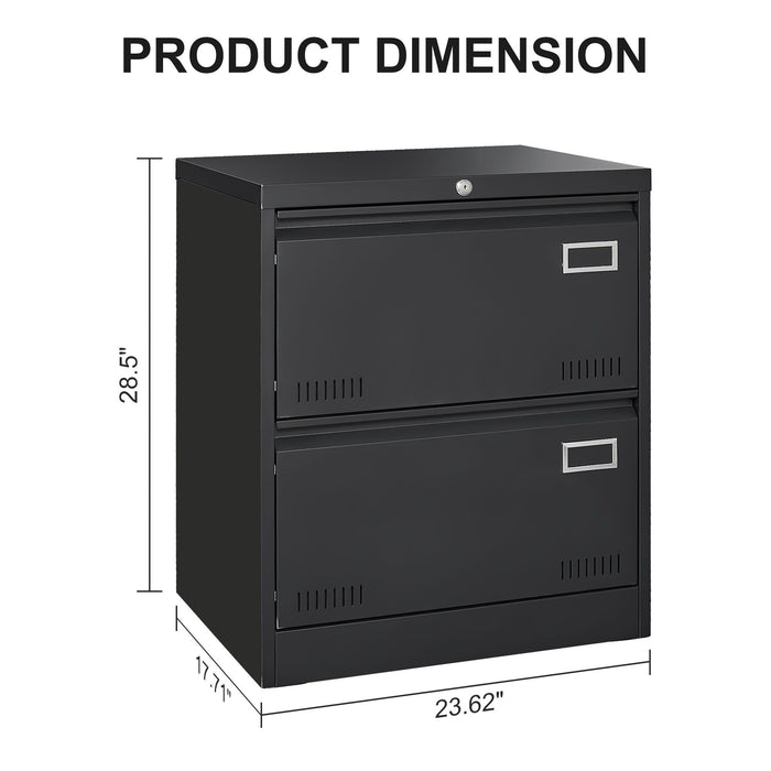 Black Giga metal lateral file cabinet with two drawers and locking mechanism, ideal for home or office storage and filing needs.