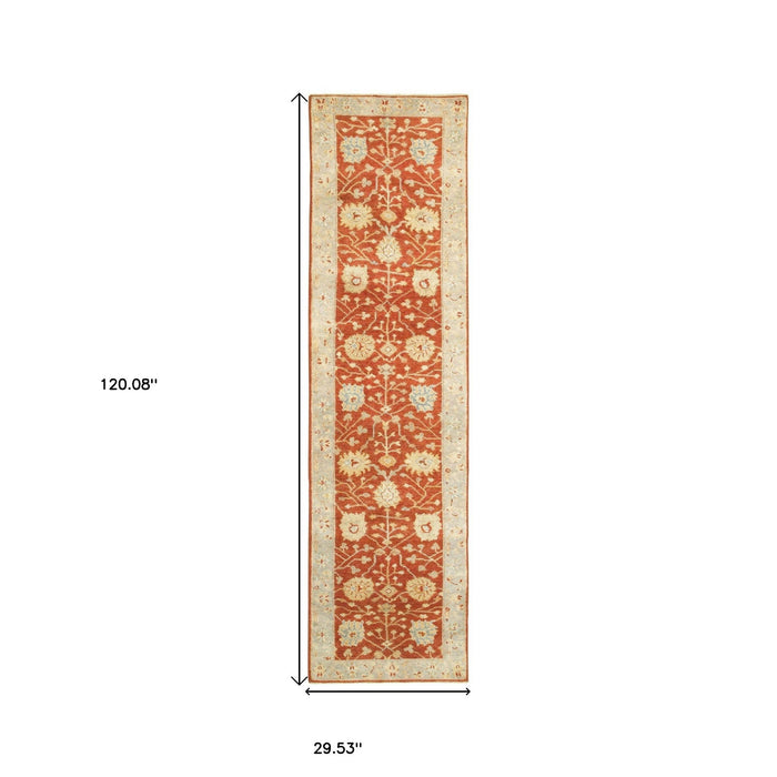 10' Wool Oriental Hand Knotted Runner Rug - Red And Gray