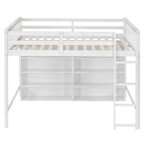 Giga loft bed with built-in ladder and eight open storage shelves, featuring a sturdy wooden frame and ample under-bed space