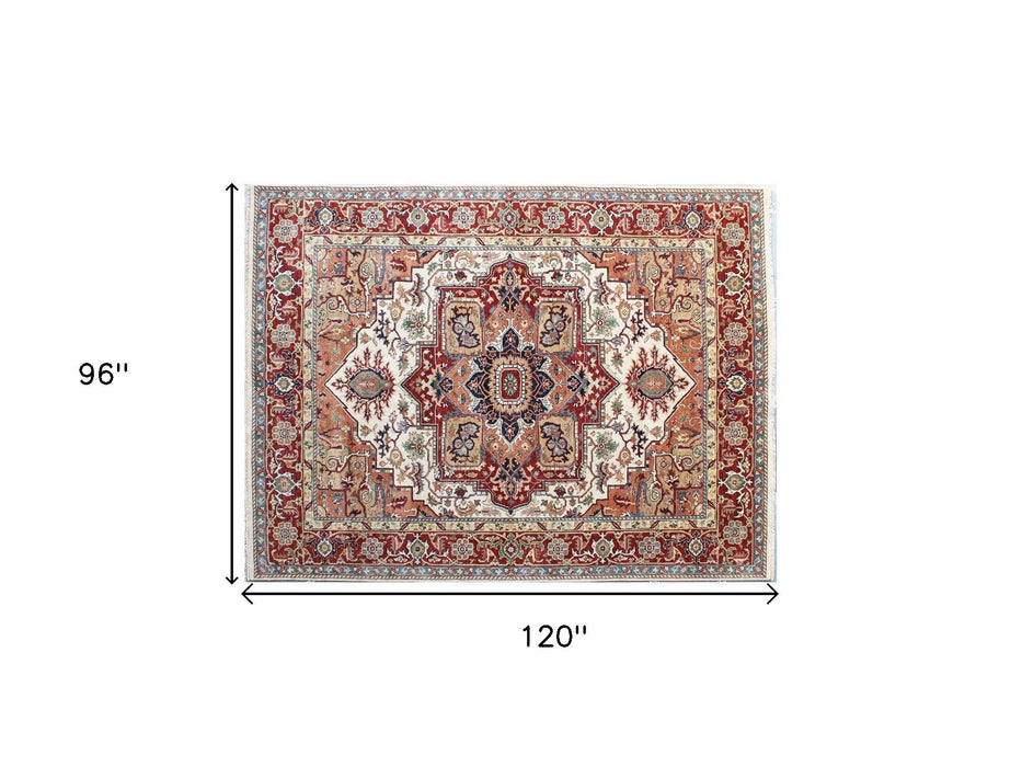 8' x 10' Oriental Hand Knotted Area Rug With Fringe - Rust And Gray